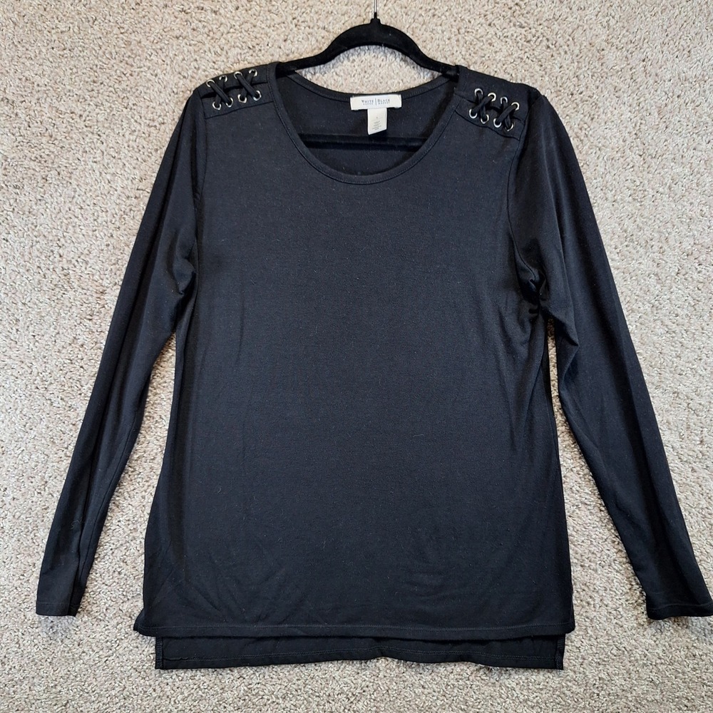 White House Black Market‎ Top Womens S Black Lace Up Shoulder Long Sleeve Blouse